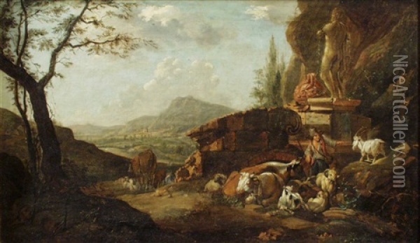 Hutejunge Mit Kuhen Und Ziegen In Arkadischer Landschaft Oil Painting - Johann Heinrich Roos