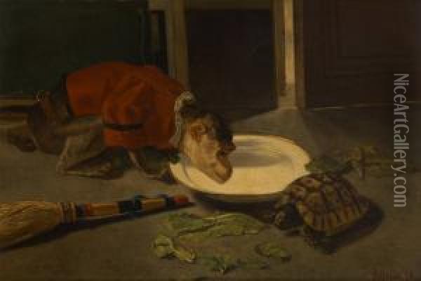 Le Singe Et La Tortue Oil Painting - Joseph Edouard Stevens