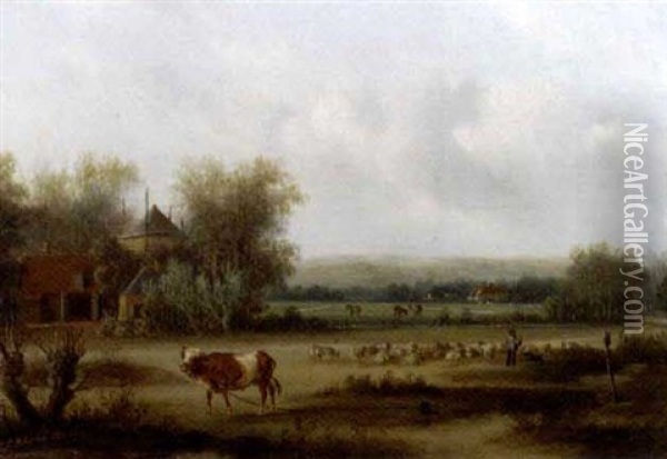 Cattle In A Summer Landscape Oil Painting - Carl Eduard Ahrendts