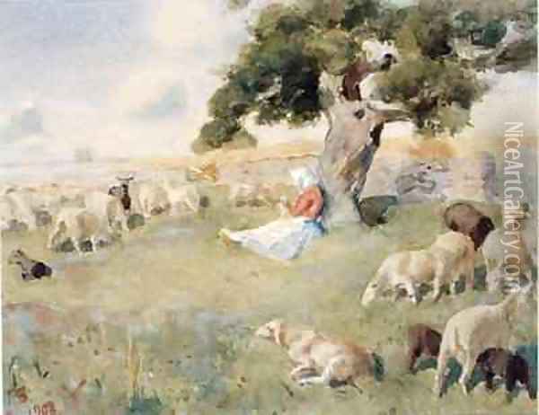 Shepherd with a Flock of Sheep Oil Painting - Paul Burman