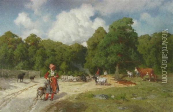 Vallflicka I Sommarlandskap Oil Painting - Olof Arborelius