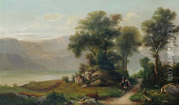 Paesaggio Sul Lago Con Viandanti Oil Painting - Giuseppe Falchetti