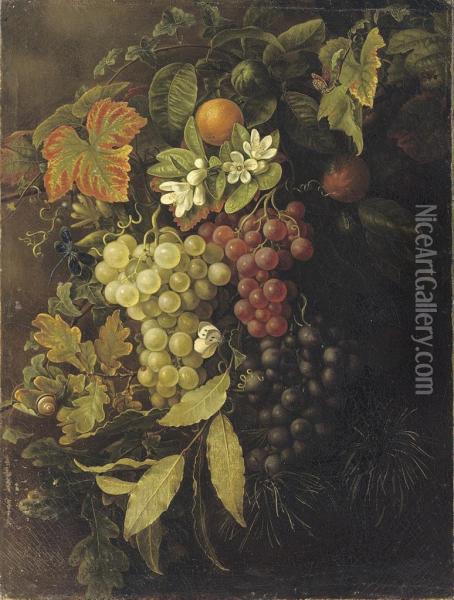 Autumn: Grapes, Oak Leaves, Oranges And A Dragonfly Oil Painting - Friedrike Meinert