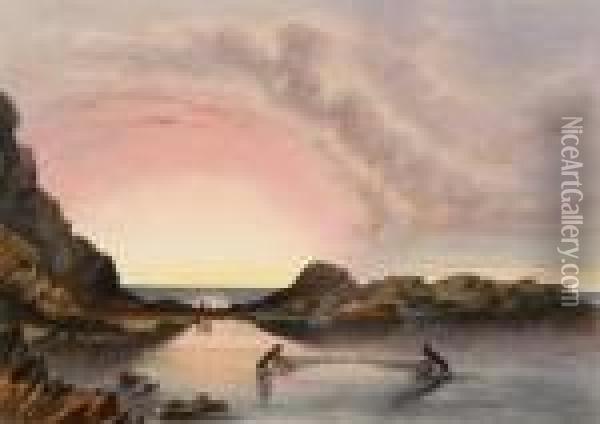 Coast Scene Near Rapid Bay, Sunset; Waungerri Lake And The Marble Range Oil Painting - George French Angas