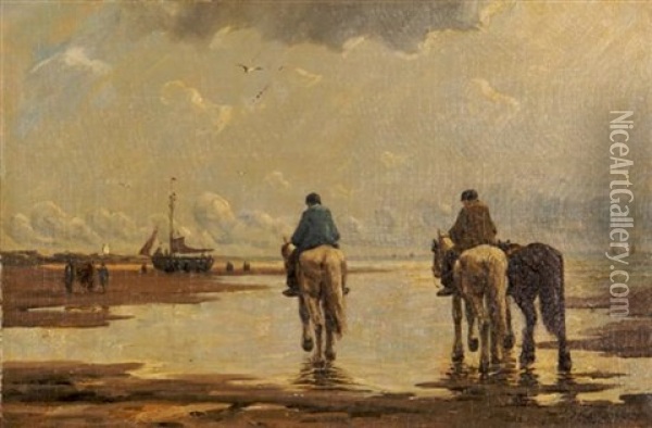 Fishing Boats And Horses On The Leacu Oil Painting - Johannes Hermanus Koekkoek