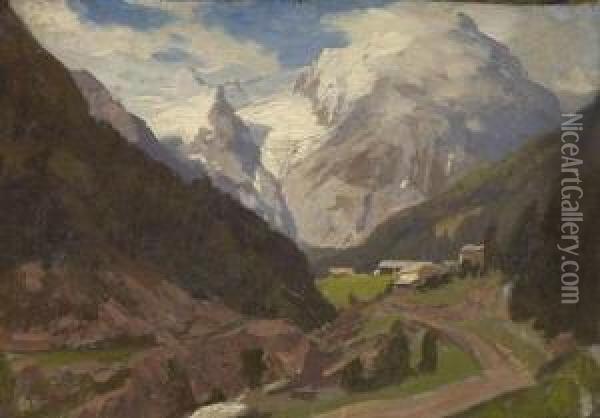 Blick Durch Ein Gebirgstal Auf Den
 Monte Rosa. Oil Painting - Georg Macco