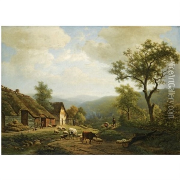 A Hilly Landscape With Cattle Going To The Fields Oil Painting - Alexander Joseph Daiwaille