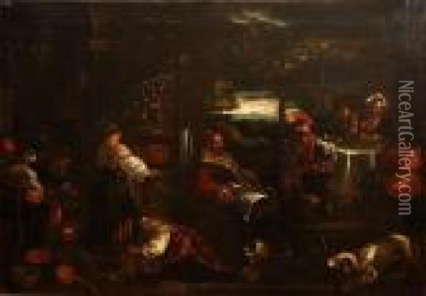 Interno Di Osteria Con Fantesche, Oste E La Cena Di Emmaus Oil Painting - Leandro Bassano