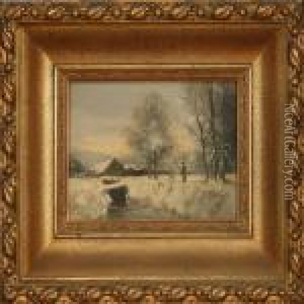 Winterlandscape With Fisherman By A Stream Oil Painting - Louis Apol