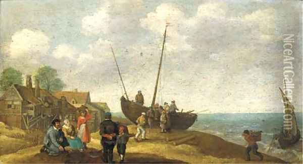 A coastal landscape with fish sellers by a beached boat, a village beyond Oil Painting - Abraham Willaerts