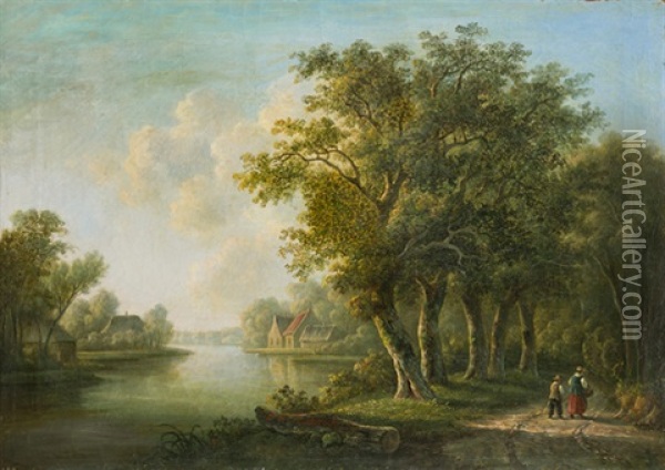 Baumbestandene Flusslandschaft Mit Spaziergangern Oil Painting - Johannes Hermanus Barend Koekkoek