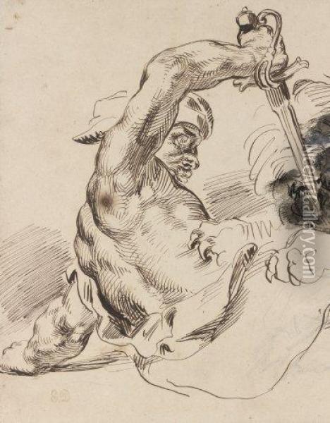 Etude De Maure Attaque Par Un Lion, Un Poignard A La Main Oil Painting - Eugene Delacroix