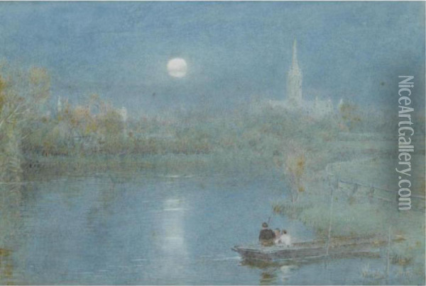 Figures Boating Before Salisbury Cathedral In The Moonlight Oil Painting - Albert Goodwin