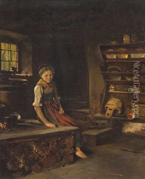 Madchen In Tracht In Einer Alten Kuche Oil Painting - Ludwig Vollmar