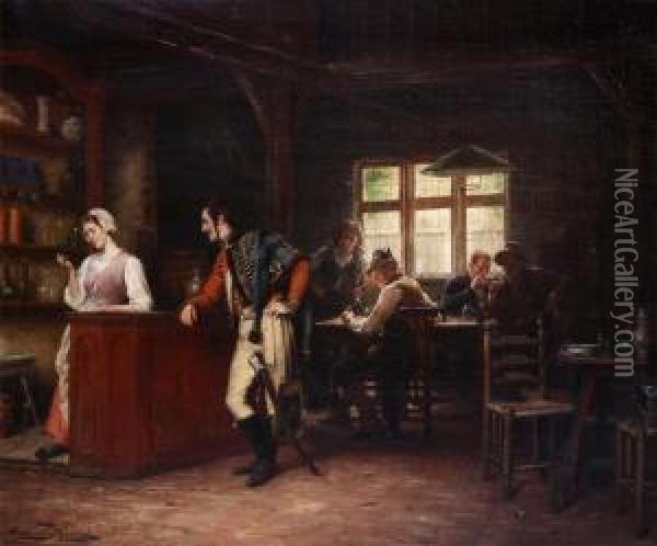 Tavern Interior With General Flirting With The Landlady Oil Painting - Gerard Portielje