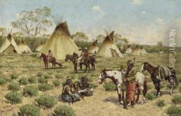 Sioux Encampment, Porcupine Oil Painting - John Hauser