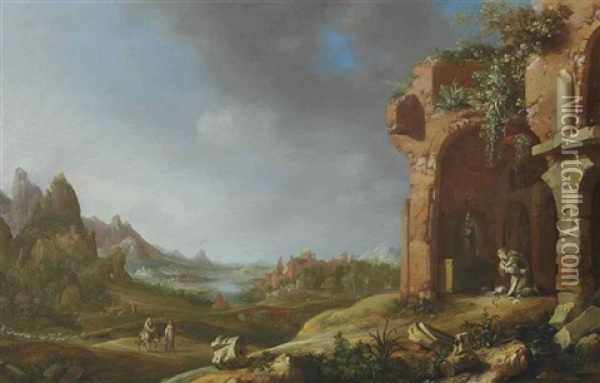 A Landscape With A Hermit Monk Praying In Classical Ruins Oil Painting - Bartholomeus Breenbergh