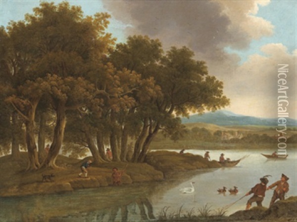 Flusslandschaft Mit Fischern Oil Painting - Peter Von Bemmel