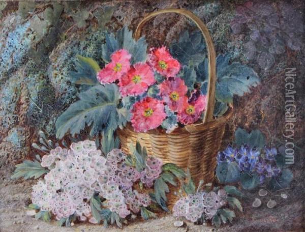 Primulas In A Basket With Blossom Grapes Oil Painting - Vincent Clare