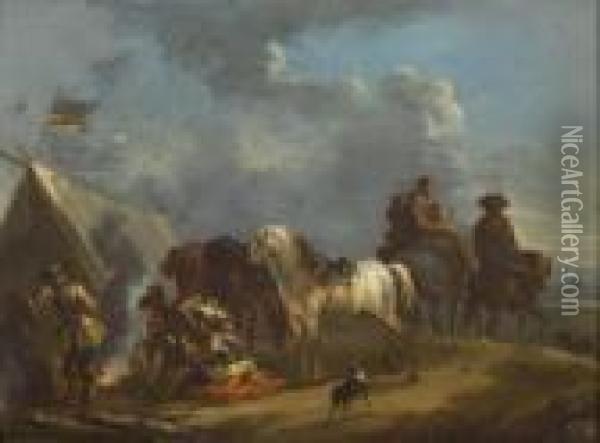 Paesaggio Con Soldati Attorno Ad Un Fuoco E Viandanti Acavallo Oil Painting - August Querfurt