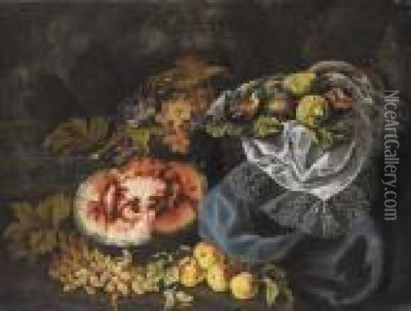 Natura Morta Di Frutta Con Anguria, Uva E Fichi Oil Painting - Maximillian Pfeiler