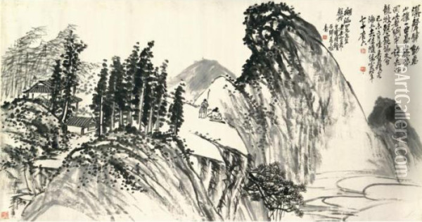 Playing Qin In The Mountain Oil Painting - Wu Changshuo
