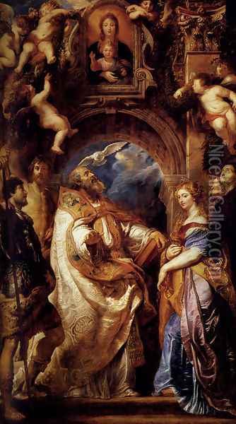 Saint Gregory With Saints Domitilla Maurus And Papianus Oil Painting - Peter Paul Rubens
