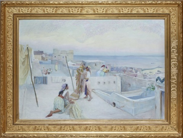 Kvinnor Hangandes Tvatt Med Vy Over Algers Hamn, Algeriet Oil Painting - Knut Gustaf Waldemar Tode