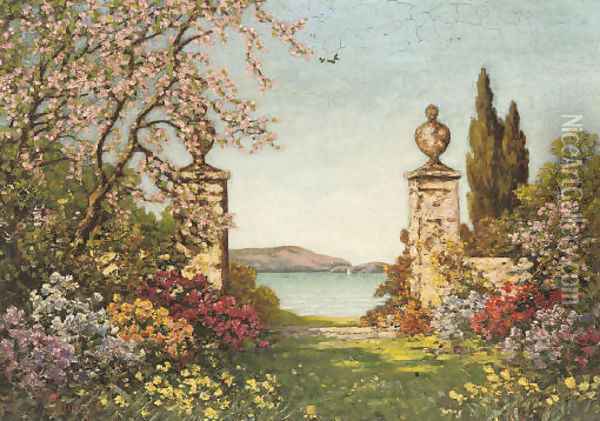 A garden in full bloom, Amalfi, Italy. Oil Painting - Thomas E. Mostyn