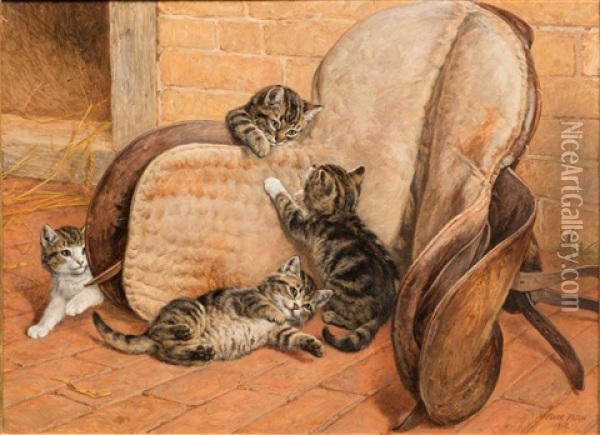 Kittens Playing Around A Saddle Oil Painting - Frank Paton