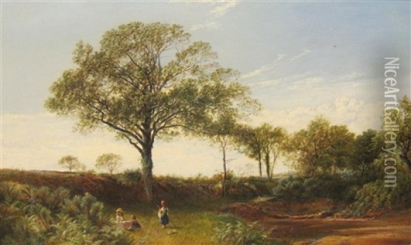 A Tranquil Landscape With Children Playing On A River Bank Oil Painting - David Payne
