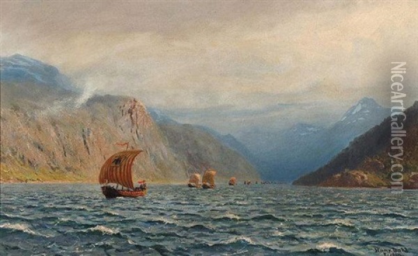 Vikingskipenes Tilvakekomst (the Return Of The Viking Ships) Oil Painting - Hans Dahl