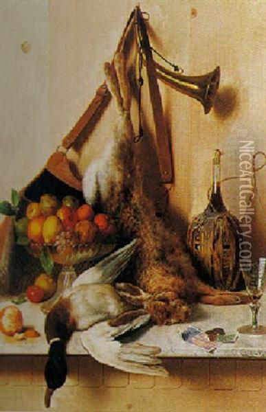 Still Life With Game, Fruit And Wine Oil Painting - Oreste Costa