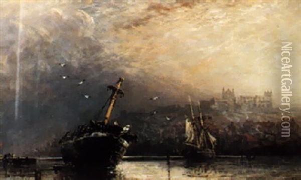 Ships Moored, A Castle Beyond Oil Painting - Richard Weatherill