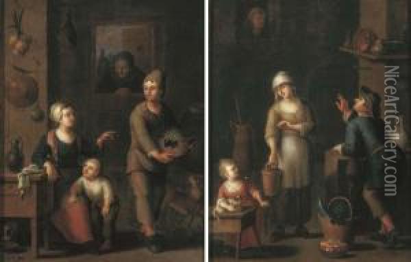 A Kitchen Interior With A Maid 
And A Child Conversing With A Man Carrying A Basket Of Grapes; And A 
Kitchen Interior With A Maid And A Man Conversing And A Child Playing 
With A Cat Oil Painting - Justus Juncker