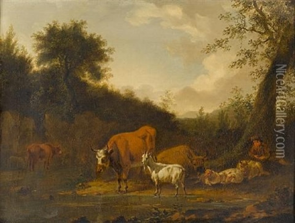 A Shepherd Boy Tending His Livestock Beside A Stream Oil Painting - Michiel Carree