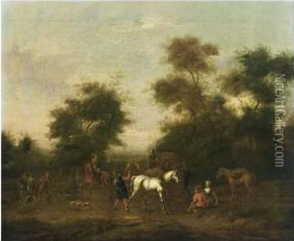 A Hunting Party Resting Near Trees Oil Painting - Barent Gael