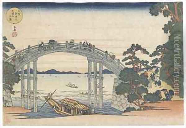 Stone Bridge over the Aji River at Mount Tenpo Edo period Oil Painting - Yashima Gakutei