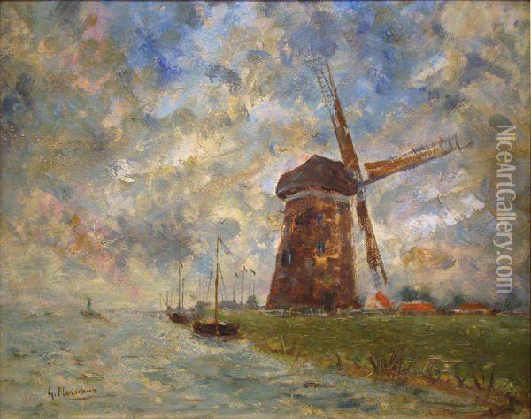 Moulin A Vent Dans Un Paysage Oil Painting - Gustave Flasschoen