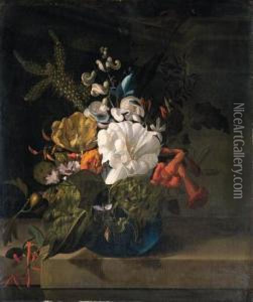 A White Gentian, A Cactus, A Tulip And Exotic Flowers In A Glassvase On A Ledge Oil Painting - Rachel Ruysch
