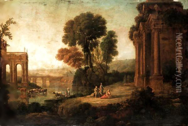 Classical Landscape With Arcadian Figures Before Ruins Beside The River Oil Painting - Claude Lorrain (Claude Gellee)