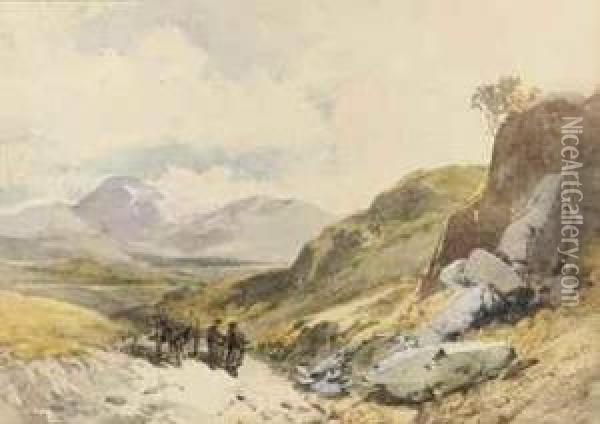 A Highland Landscape With Figures Conversing By A Horse-drawn Cart Oil Painting - Thomas Miles Richardson