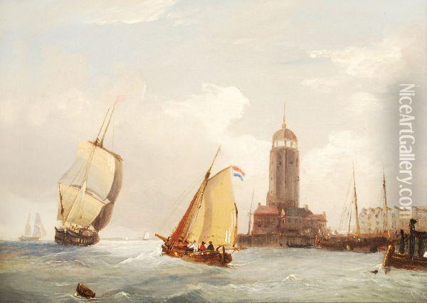 Vessels At A Harbour Mouth Oil Painting - Frederick Calvert