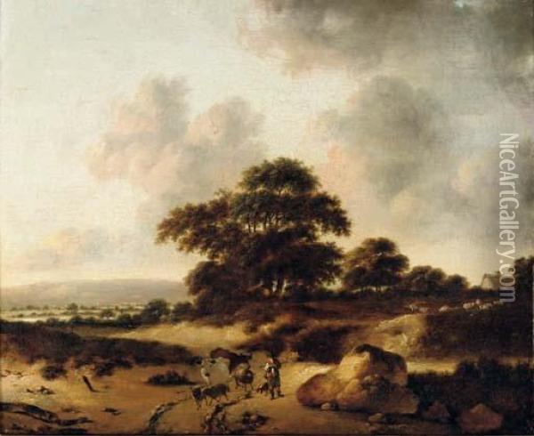 A Wooded Dune Landscape With A Peasant And His Cattle Oil Painting - Jan Wijnants