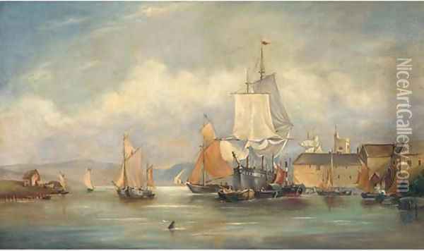 Vessels moored off a town harbour Oil Painting - English School
