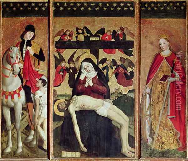 Triptych depicting Pieta between St. Martin and St. Catherine, 1475 Oil Painting - Ludovico Brea