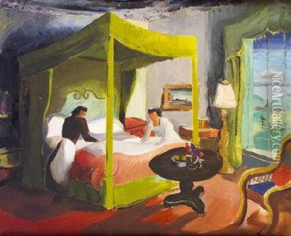 Making The Bed Oil Painting - Joan Jameson