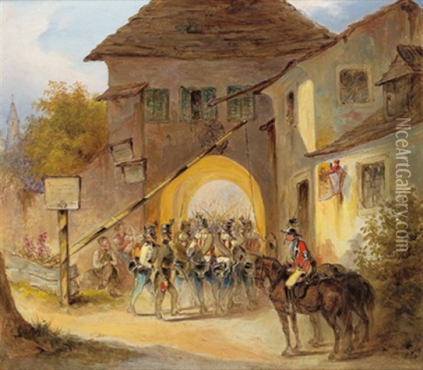Einzug Osterreichischer Infanterie Durch Ein Stadttor (modling?) Oil Painting - Johann Friedrich Treml