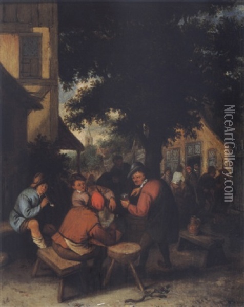 Peasants Drinking And Smoking In A Village Courtyard Oil Painting - Cornelis Dusart