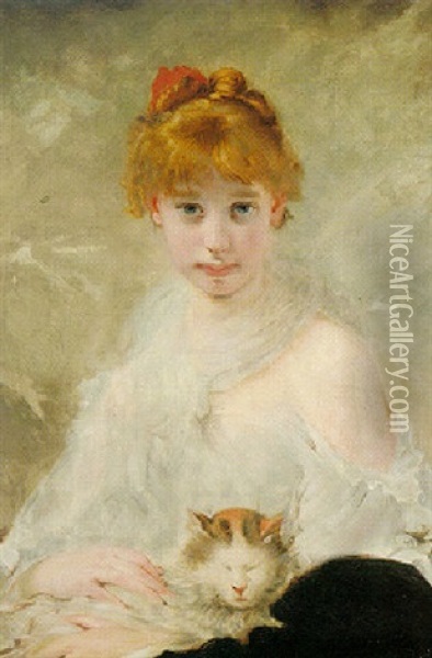 Jeune Fille Au Chat Oil Painting - Charles Joshua Chaplin